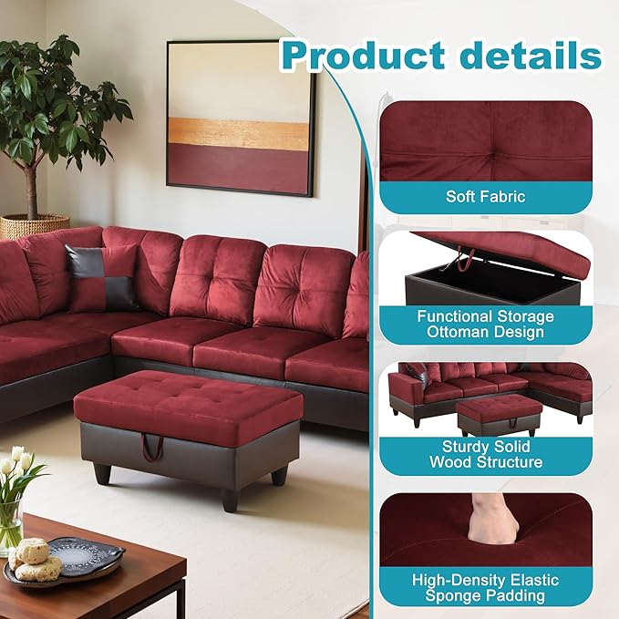L Shaped Couch Modern Sectional Couch Upholstered Flannel Fabric 3 Pieces Sofas for Living Room with Chaise, Storage Ottoman for Office and Small Apartment, Red