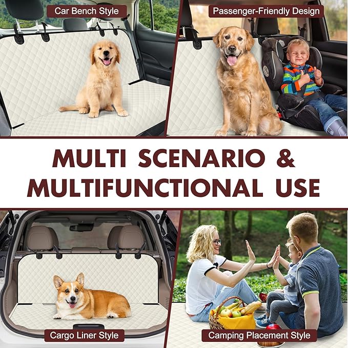 Backseat Cover for Dogs, Waterproof and Non-Slip Pet Bench Seat Covers, Car Seat Protector for Back Seat, Universal Size Rear Car Seat Cover Fits Cars, Trucks and SUVs, L-Beige&Black