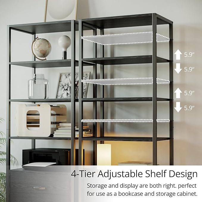 IRONCK Industrial Bookcase with File Cabinet Drawers, 71.6 in Tall Bookshelf 5 Tier, Freestanding Storage Home Office Cabinet Organizer, Rustic Home Decor, Black