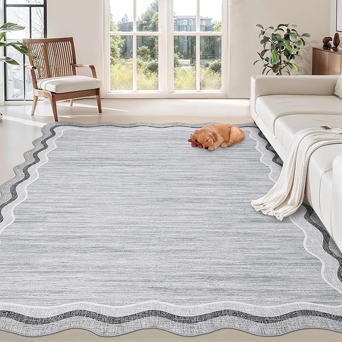 GarveeHome Scalloped Washable Rug 9x12 Area Rugs for Living Room Modern Solid Carpet for Bedroom Abstract Irregular Scalloped Non-Slip Low-Pile Accent Carpet for Dining Room Home Office(Grey, 9x12)