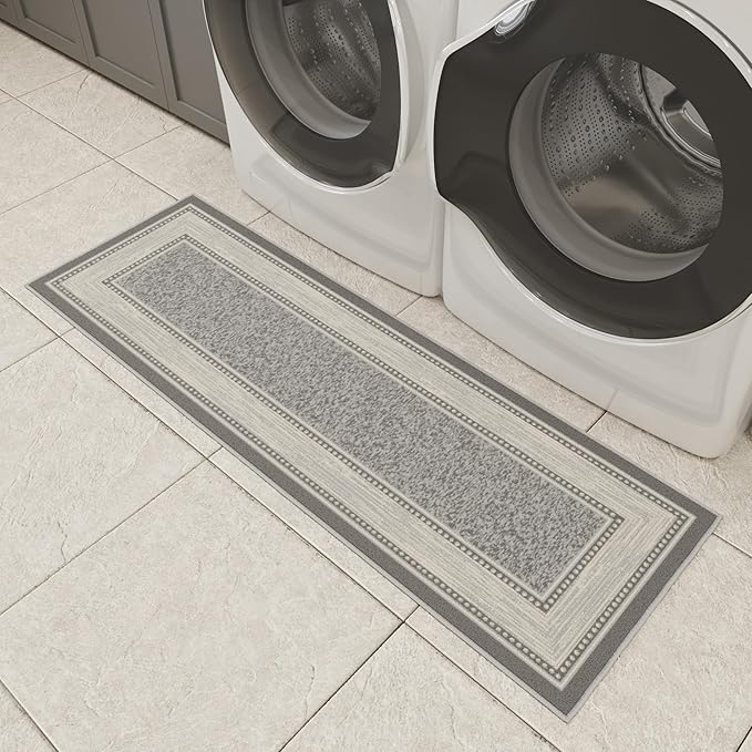 Ottomanson Hallway Runner Rug 20" x 59" Non Slip Border Area Rugs Easy to Clean Laundry Rug Runner Durable & Pet Friendly Floor Carpet Runners for Hallways Entryway Living Room Kitchen, Light Gray
