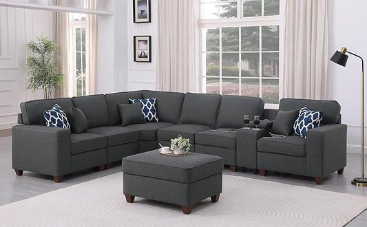 127" Modular Sectional Sofa with Movable Ottoman&Nailhead Trim Armrest,L-Shape Convertible Couch W/Cup Holder,USB Port&Hidden Storage Box,7 Seat Chenille Sectionals,6 Pillow,for Living Room,Gray