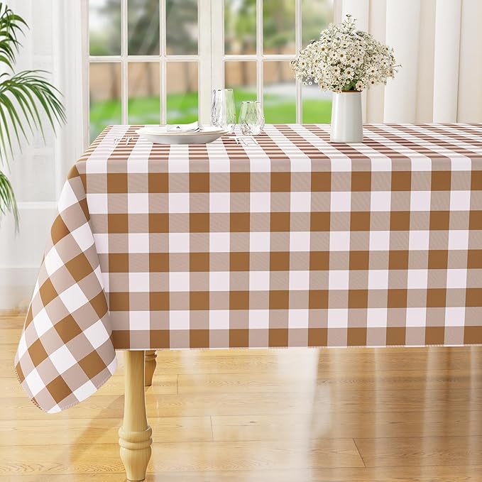 misaya Rectangle Waterproof Vinyl Table Cloth, Buffalo Flannel Backed Tablecloth, Wipeable Plastic Table Cover for Dinner, Kitchen, Outdoor (60" x 84", Brown and White)