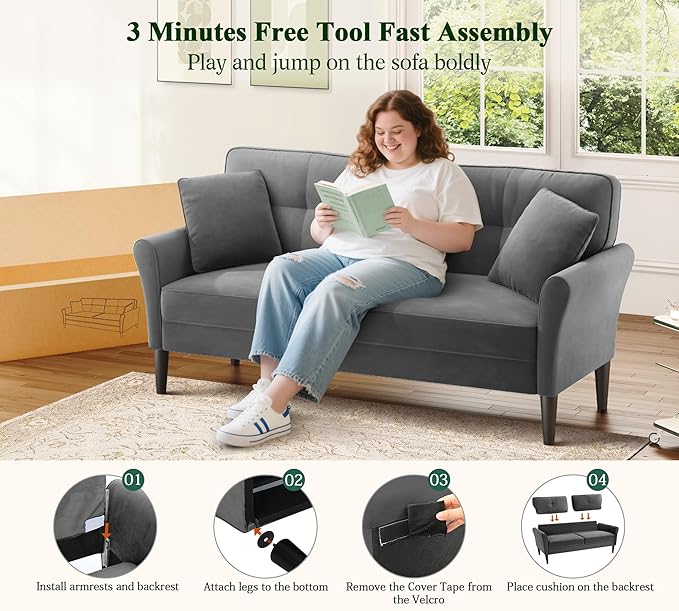 69" Loveseat Sofa, Velvet Small Couches for Small Spaces, Love Seat Couches with 2 Pillows, Tool-Free Setup Loveseats, 700lb Load Sofas for Living Room, Mini Couch for Bedroom, Sofa Couch, Charcoal