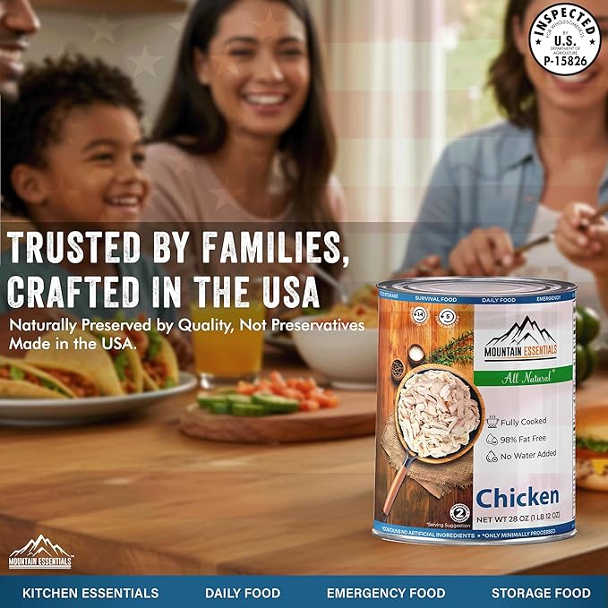 MOUNTAIN ESSENTIALS Fully Cooked Canned Chicken 28 Oz ??White Meat for Daily Meals, Camping & Emergency Food ??Great for Snack, Lunch, Dinner Recipes ??5-Year Shelf Life ??Made in USA ??Pack of 6
