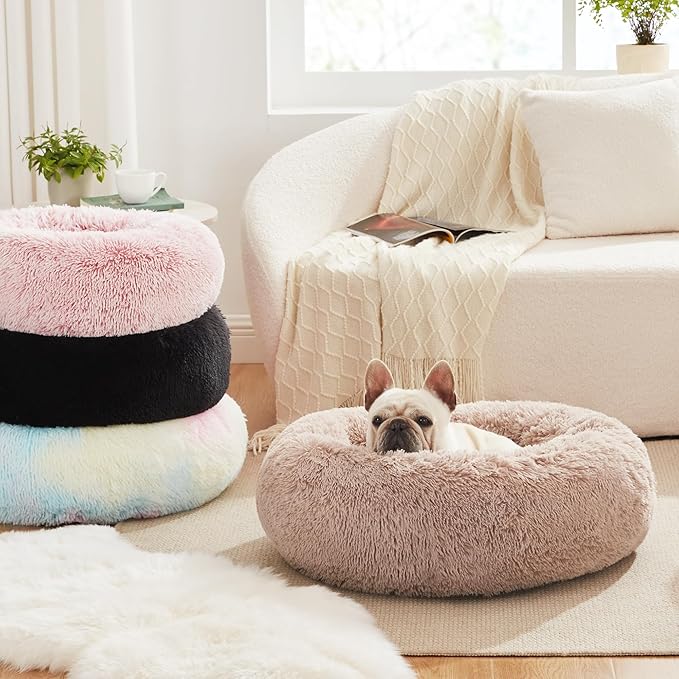 Love's cabin Calming Cat Bed for Indoor Cats,Anti-Anxiety Donut Round Dog Bed,Fluffy Faux Fur Washable Pet Bed for Small Medium Dogs and Cats,Black,20in