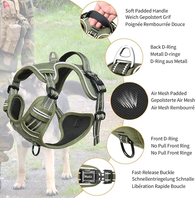 HEELE Dog Harness, No Pull Adjustable Padded Reflective Harness for Small Medium Large Dogs with Handle for Walking Training, Green, M