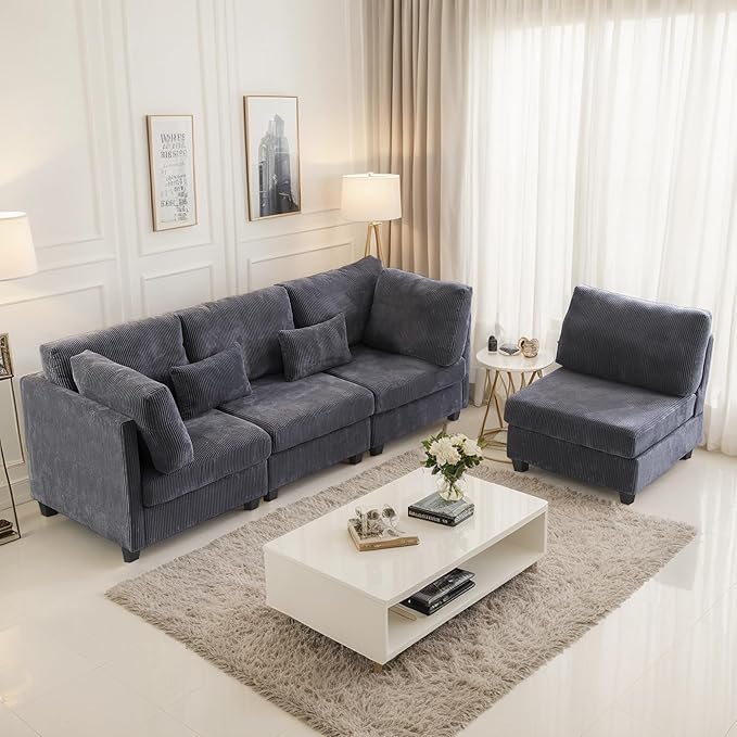 126" Convertible L-Shaped Modular Sectional Sofa, 4 Seater Corduroy Upholstered Corner Sofa Couch with Extra Wide Deep Seat, DIY Combination Lounger Sofa with Solid Wood Legs for Living Room Office