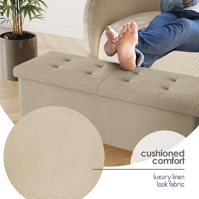 STORAGEBUD Storage Ottoman Bench with Bins, 43-in Storage Bench for Bedroom End of Bed, Folding Foot Rest Ottoman for Living Room Max 660lbs, Fabric Ottomans, Beige