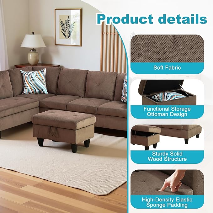L Shaped Couch Modern Sectional Couch Upholstered Sackcloth Fabric 3 Pieces Sofas for Living Room with Chaise, Storage Ottoman for Office and Small Apartment, Brown