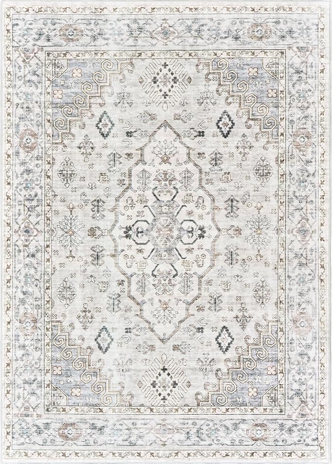6x9 Area Rugs for Living Rooms, Stain Resistant Neutral Washable Rugs for Dining Rooms, Floral Vintage Non-Slip Thin Large Size Area Rug(Light Grey)