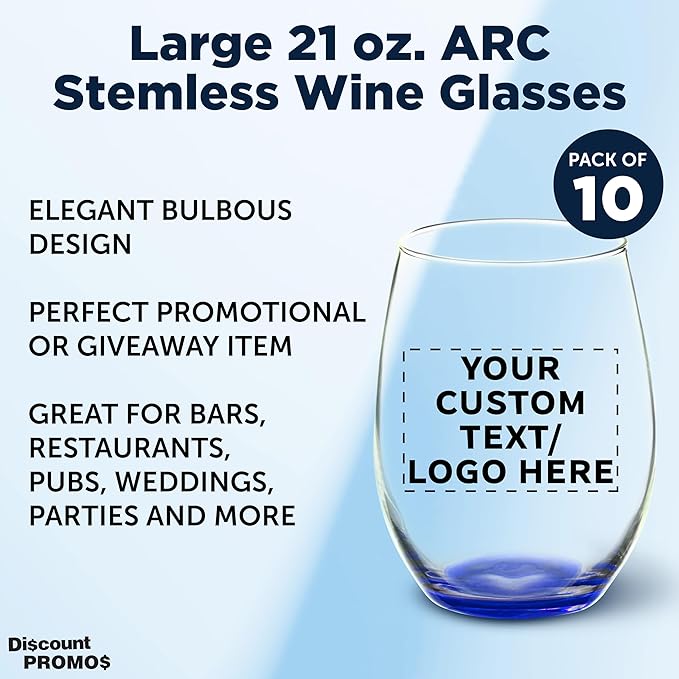 DISCOUNT PROMOS 10 ARC Stemless Wine Glasses Set, 21 oz. - Customizable Text, Logo - Chardonnay, Cabernet, Merlot, Sauvignon - Blue