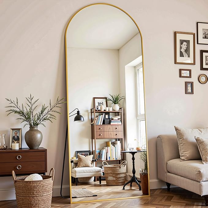 Full Length Mirror, 64"x21" Arched Full Body Mirror, Floor Mirrors with Stand, Standing Hanging Leaning Against Wall,Aluminum Frame Mirrors for Bedroom Cloakroom,Living Room,Gold