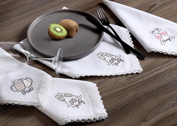 Bedding Craft Cotton Cloth Dinner Napkins Set of 12 – 18x18 Embroidered Motif with Decorative Lace Edges – Machine Washable Fabric Napkins for Weddings, Baby Showers, Christmas & Easter