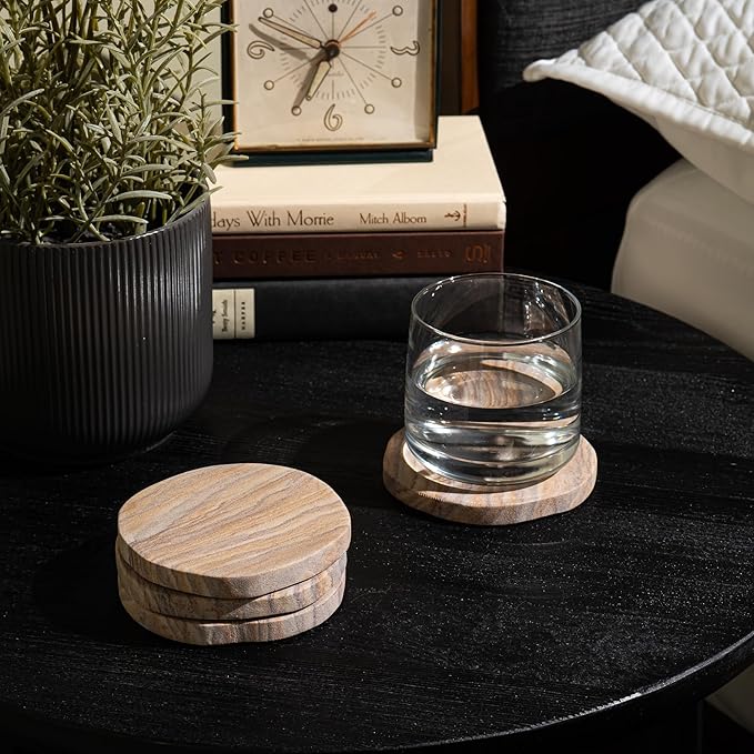 Cork & Mill Absorbent Coasters Set of 4 - Water Absorbing Sandstone Coasters for Drinks - Perfect for Coffee Table, Office Desk, Outdoor, Bedroom Nightstand - 4" Round - Unique Irregular Edge Design