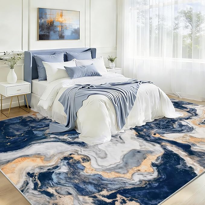 Yinhua 8x10 Rug for Living Room, Marble Rug Blue and Gold, Non Slip Modern Washable Rugs Non Shedding, Contemporary Abstract Area Rugs Low Pile, Soft Large Carpet for Bedroom Kitchen Office