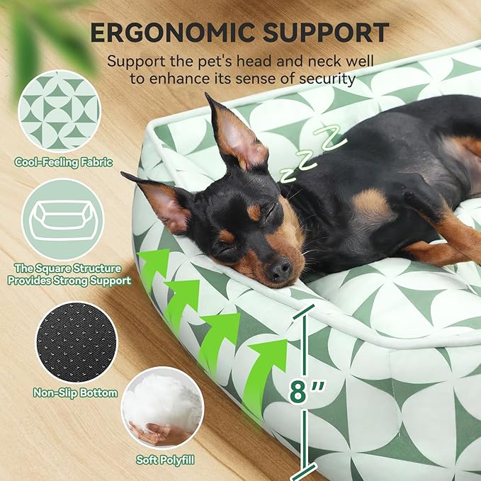 Rectangle Cat Dog Bed for Large Medium Small Pets Indoor Outdoor Machine Washable Sleeping Sofa Non-Slip Bottom Soft Puppy Bed Durable Orthopedic Calming Pet Cuddler (Medium, Green Pattern)