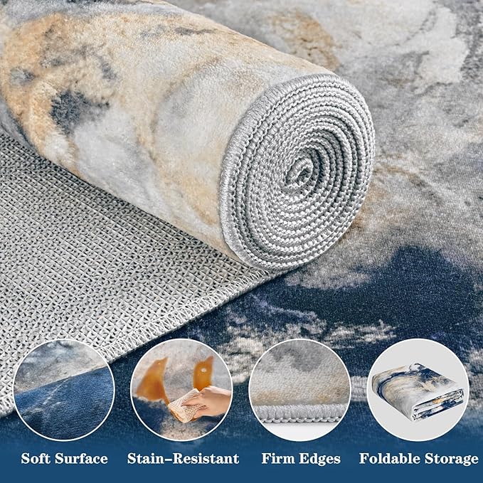 Yinhua 8x10 Rug for Living Room, Marble Rug Blue and Gold, Non Slip Modern Washable Rugs Non Shedding, Contemporary Abstract Area Rugs Low Pile, Soft Large Carpet for Bedroom Kitchen Office