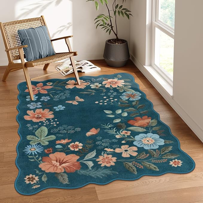 Lahome Floral Washable Rugs for Bedroom, 4X6 Area Rug Ultra-Thin Soft Living Room Rug, Non-Slip Classroom Stain Resistant Lightweight Boho Low-Pile Carpet for ‎‎Nursery Office (4x6ft,Navy Blue)