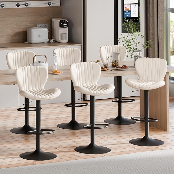 Shintenchi Bar Stools Set of 6 Modern Swivel Bar Chairs, Counter Height Faux Leather Metal Barstools, Upholstered Island Chairs with Back and Footrest, Beige