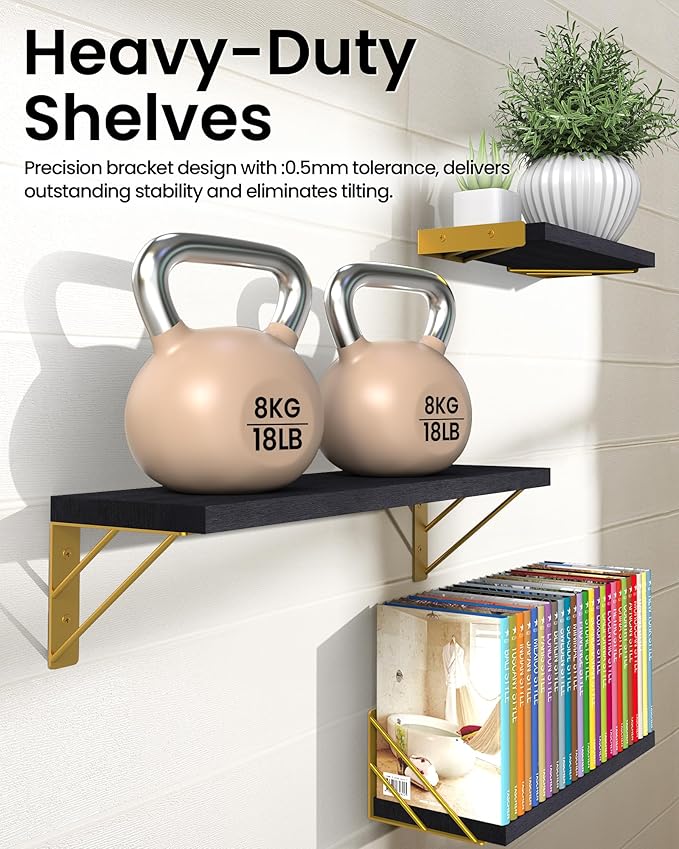 BAYKA Wall Shelves for Bedroom Decor, Floating Wall Shelves for Living Room Kitchen Storage, Wall Mounted Rustic Wood Floating Shelves for Kids Books, Corner Shelves for Bathroom, Office(Set of 3)