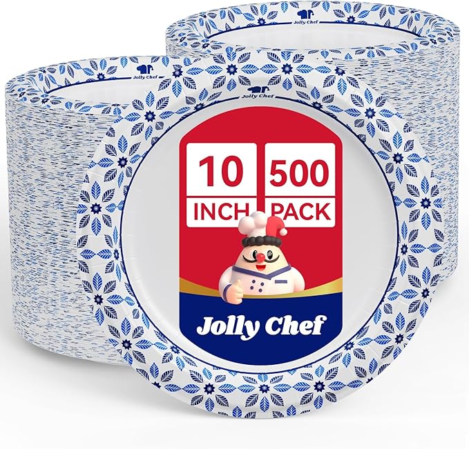 JOLLY CHEF 10 inch Disposable Paper Plates 500 Count, Soak Proof, Cut Proof, Heavy Duty Paper Plates for Thanksgiving or Everyday Use