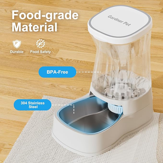 Automatic Gravity Water Dispenser for Dogs, 1Gallon Stainless Steel Water Bowl Dispenser, 100% BPA-Free Dog Water Fountain Dispenser for Small&Medium Dogs, Cats, Puppies(White)