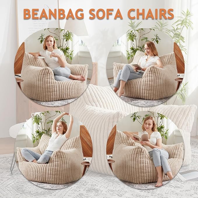 Giant Bean Bag Chairs for Adults with Filling Plush Fluffy Bean Bag Chairs for Teens with Armrests Comfy BeanBag Lazy Couch Sofa Chair for Bedroom Living Room Reading