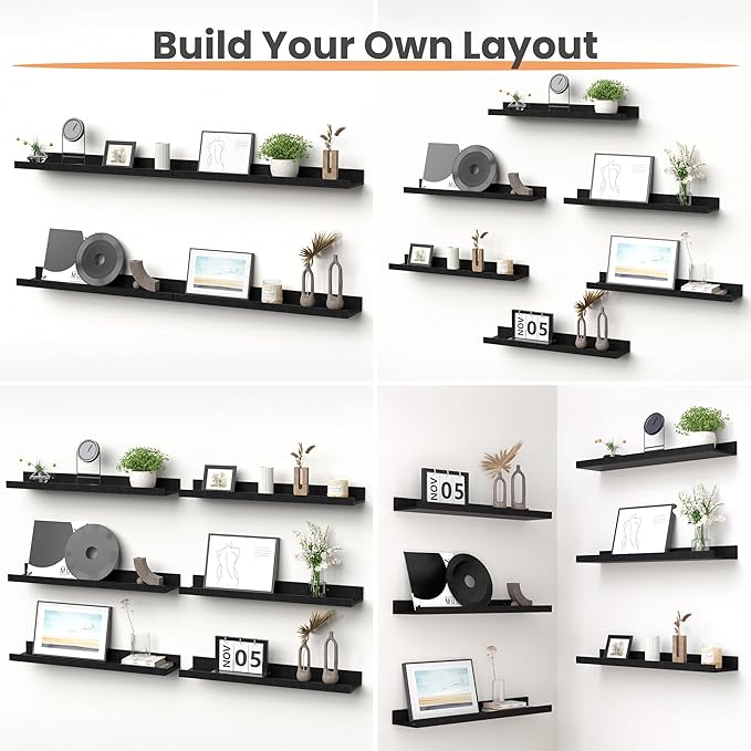 upsimples Floating Shelves for Wall, 23.6 Inch Shelves for Decor Storage Set of 6, Wall Mounted Wood Shelf for Bedroom, Living Room, Bathroom, Kitchen, Long Picture Ledge Shelves, Black