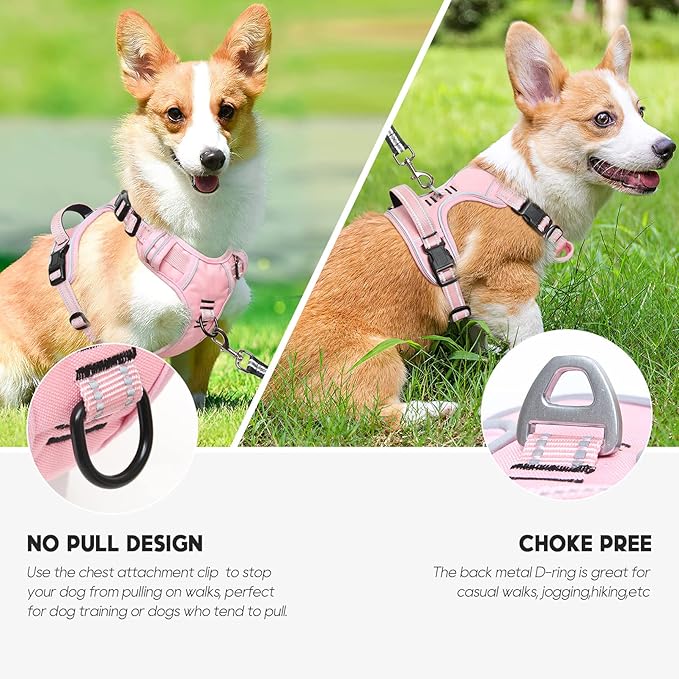 Timos Dog Harness, 3 Snap Buckles No-Pull Soft Padded Dog Vest with 2 Metal Leash Clips, Adjustable Reflective No Choke Pet Harness with Easy Control Handle for Small Dogs,Pale Pink,S