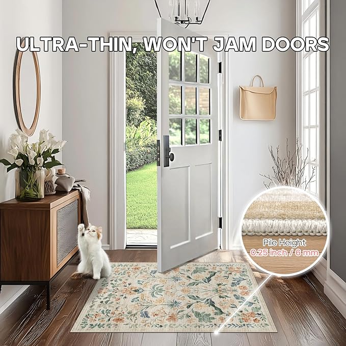 Machine Washable Area Rugs 2x3: Small Entryway Rug Soft Non-Slip Thin Carpet Floral Indoor Door Mat Floor Neutral Carpets for Entrance Bedroom Kitchen Laundry Bathroom Beige