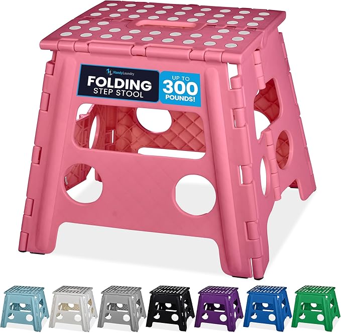 Handy Laundry Folding Lightweight Step Stool - Sturdy Enough to Support Adults and Safe Enough for Kids - Opens Easy with One Flip - Great for Kitchen, Bathroom or Bedroom (Pink - 13 inch)