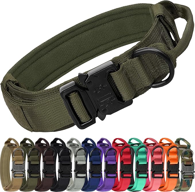 Joytale Tactical Dog Collar with Handle, Adjustable Heavy Duty Military Collar with 2 Patches for Training, Suitable for Medium Dogs, ArmyGreen, M