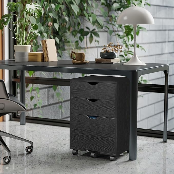 HollyHOME 3-Drawer Wood File Cabinet, Under Desk Cabinet for Home Office, Rolling Storage Shelf for Home, Printer Stand, for A4, Letter-Size Files, 11.8in Hanging File Folders, Black