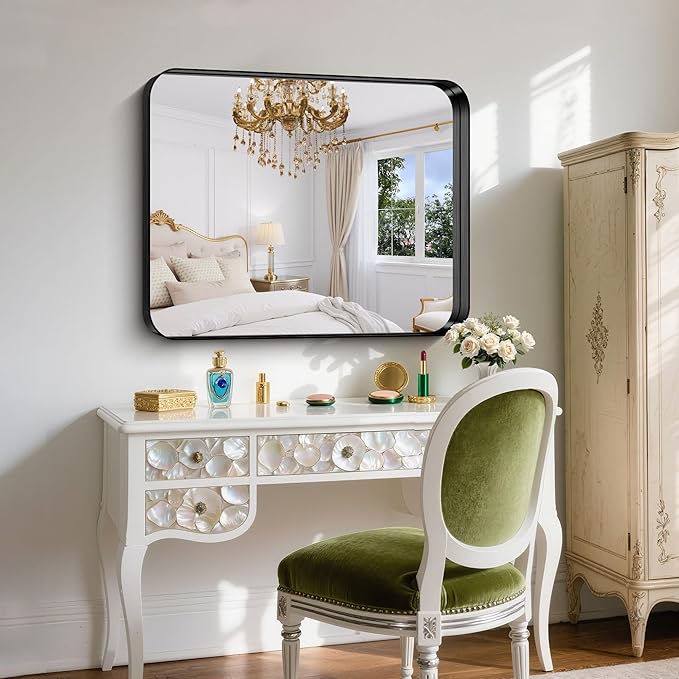FORBATH 30x36 Inch Bathroom Mirror, Brushed Black Deep Frame Wall Mirror with Rounded Corners, Anti-Rust Tempered Glass for Modern Farmhouse Vanity (Horizontal/Vertical)