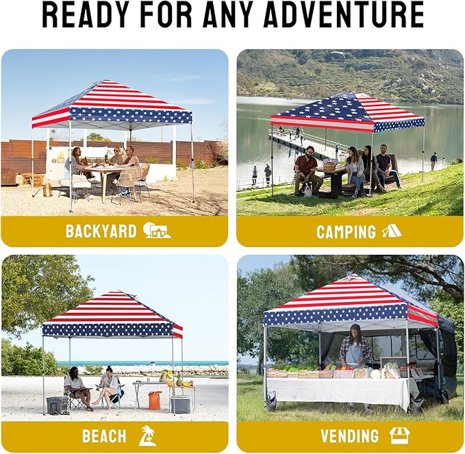 CROWN SHADES 10x10 Pop Up Canopy - Beach Tent with One Push Setup - Easy Outdoor Sun Shade for Events, Parties, Camping - Gazebo with STO-N-Go Cover Bag, Silver Coated Top, American Flag