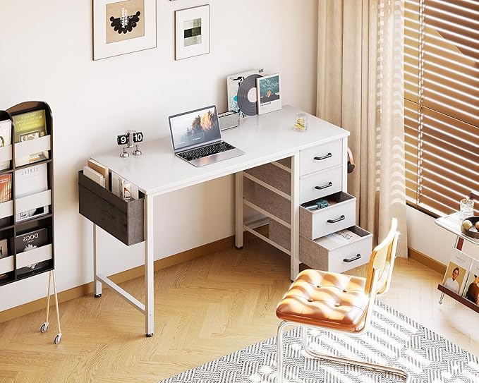 Casaottima 40-Inch Small Computer Desk with 4 Fabric Drawers — Home Office Desks with Storage, Writing Desk with Side Hook and Cloth Bag, Modern Study/Work Table for Bedroom and Small Space, White