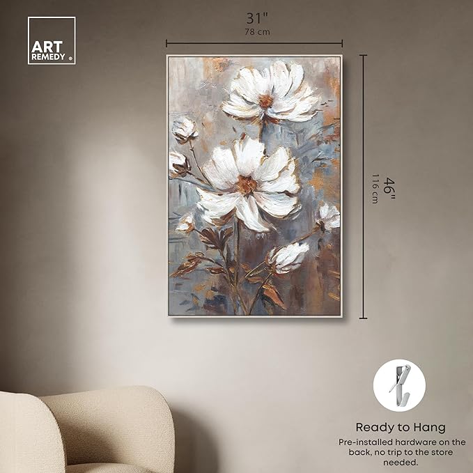 Art Remedy White Textured Flowers Canvas Elegant Floral Wall Art, Silver Frame, 30" x 45"
