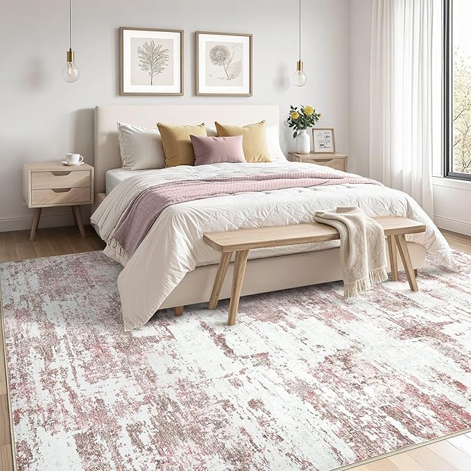 Area Rugs for Living Room: 10x14 Abstract Washable Rug Large Soft Stain Resistant Non-Slip Backing for Bedroom Dining Room Indoor Home Office Carpet for Kids Pet Friendly Families - Pink