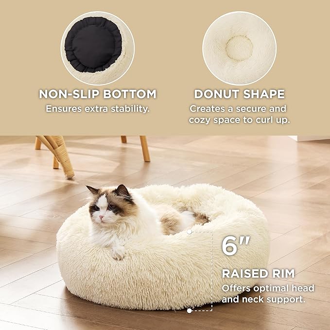 Bedsure Calming Cat Beds for Indoor Cats - Small Cat Bed Washable 20 inches, Anti-Slip Round Fluffy Plush Faux Fur Pet Bed, Fits up to 15 lbs Pets, Ivory Beige