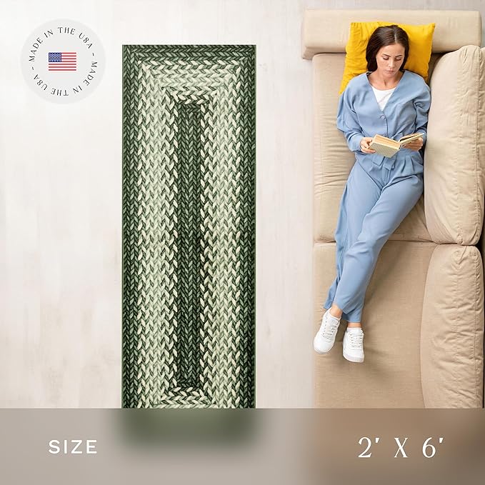 Maples Rugs Marion Bohemian Braided-Style Print Runner Rug ??Made in USA ??Washable, Non-Slip Indoor Runner for Hallway, Kitchen, and Laundry Room, 2' x 6', Green