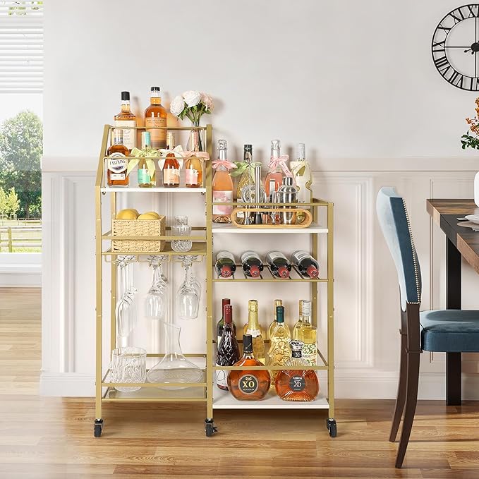 VINAEMO Gold Bar Cart With Wine Glass Holder, Stand for Home, Small Mini Bar for Whiskey Wine, Liquor Cart, Alcohol Cabinet for Kitchen, Dining Room