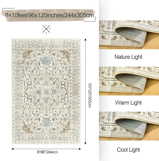 8x10 Area Rug for Living Rooms, Stain Resistant Neutral Washable Rugs for Dining Rooms, Floral Vintage Non-Slip Thin Large Size Area Rugs(Beige)