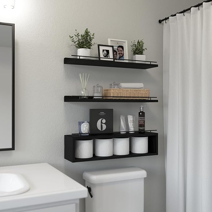 WOPITUES Floating Shelves for Wall 24 inch with Cube Shelf, Wall Shelves with Metal Rail for Decor, Bathroom Organizers and Storage, Over Toilet Shelves for Bathroom, Toilet Paper-Black