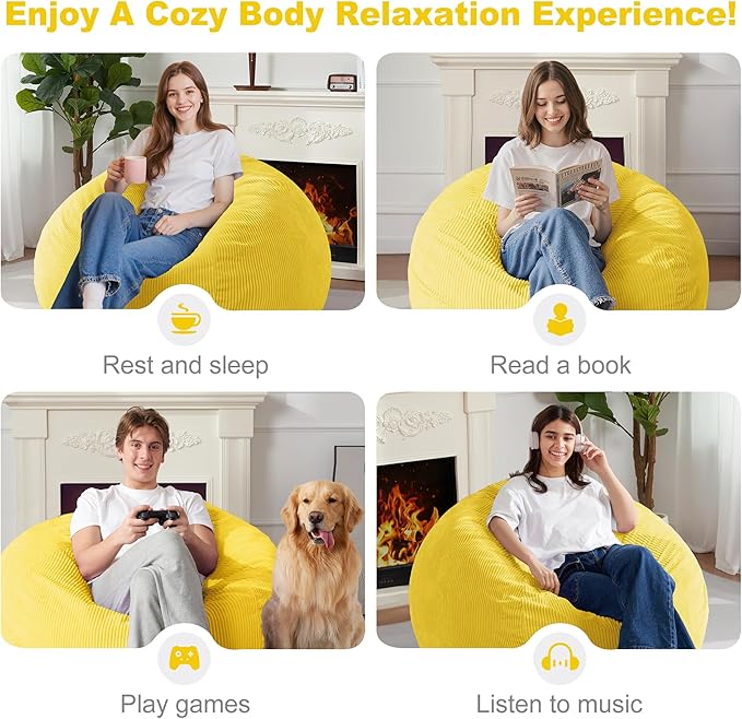Homguava 4FT Bean Bag Chair for Adults,Teardrop Bean Bags Big Beanbag Chair with Memory Foam Filled and Ultra Soft Removable Corduroy Cover for Living Room, Bedroom (Yellow)