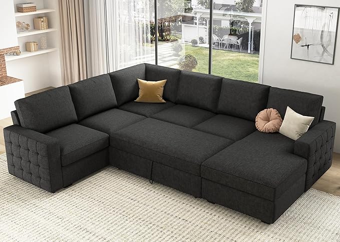 HONBAY Sectional Couch with Pull Out Bed, Sectional Sleeper Sofa with Storage, U Shape Couches for Living Room, Dark Grey