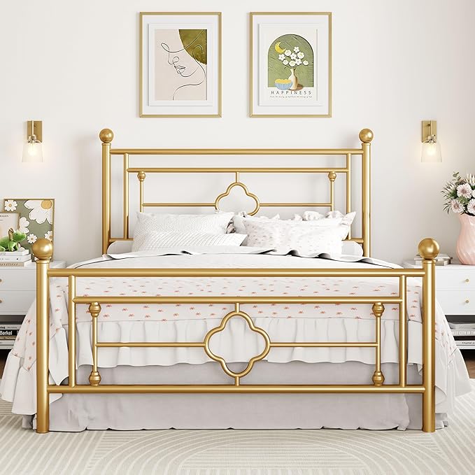 SHA CERLIN 14 Inches Queen Size Metal Platform Bed Frame/Vintage Iron-Art Headboard and Footboard/Mattress Foundation for Storage/No Box Spring Needed/Noise-Free/Easy Assembly/Gold