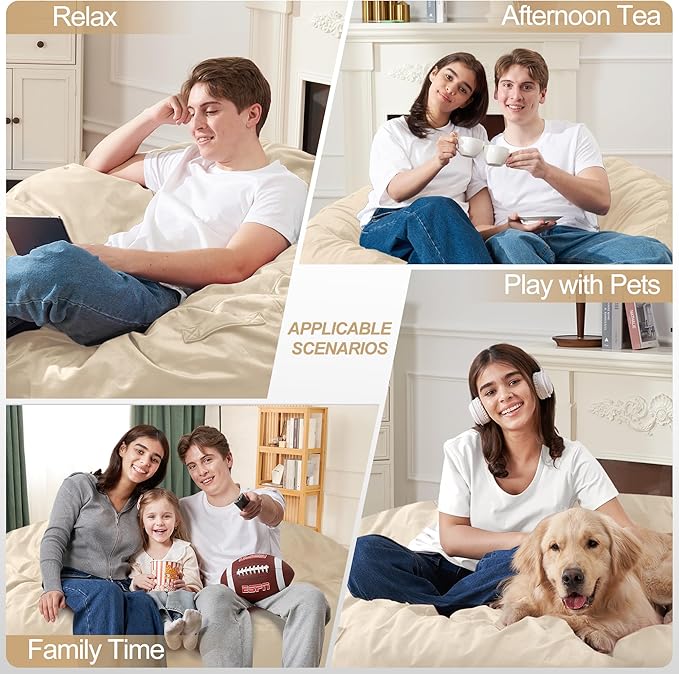 Homguava 5FT Bean Bag Chair Giant BeanBag with Memory Foam Filled, Comfy Bean Bag Chairs for Adults, Adult Bean Bag Chair with Dutch Velvet Cover for Living Room Bedroom-Dark Beige