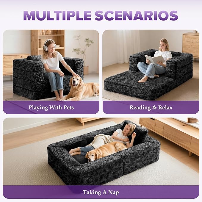 HABUTWAY Convertible Sofa Bed,3-in-1 Folding Futon Sofa Bed with Pillow, Foldable Sleeper Sofa Bed with Removable Cover,Plush Boneless Floor Chair Couch Lounge for Living Room,(Twin,Black)