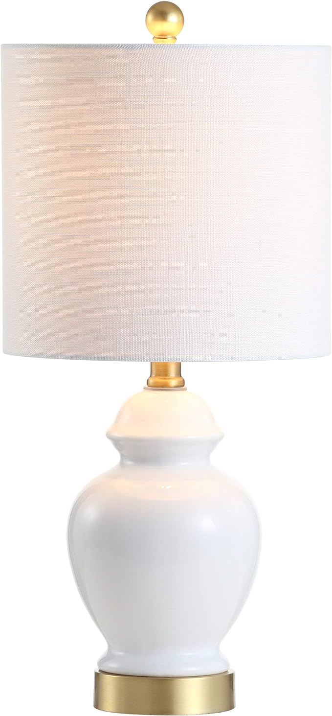 JONATHAN Y 20" White Textured Ceramic and Brass Gold Table Lamp, Glam Bedside Nightstand Lamp for Living Room Bedroom, White Linen Shade, LED Bulb Included JYL1035A